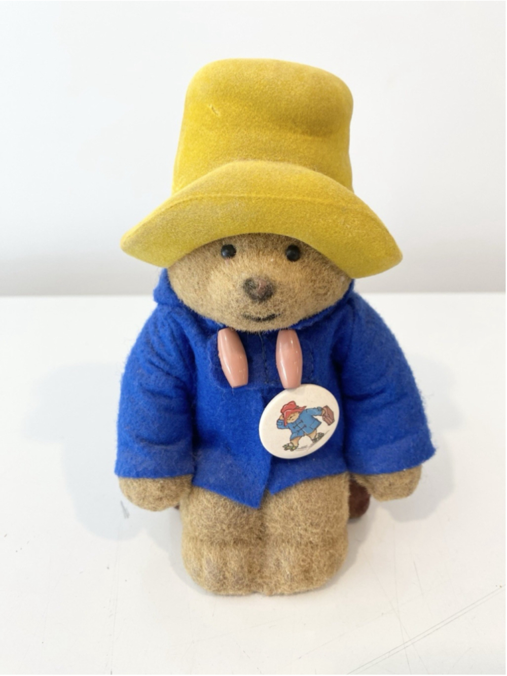 Vintage 1987 Eden Toys Paddington Bear Flocked Coin Bank Yellow Hat Blue Coat